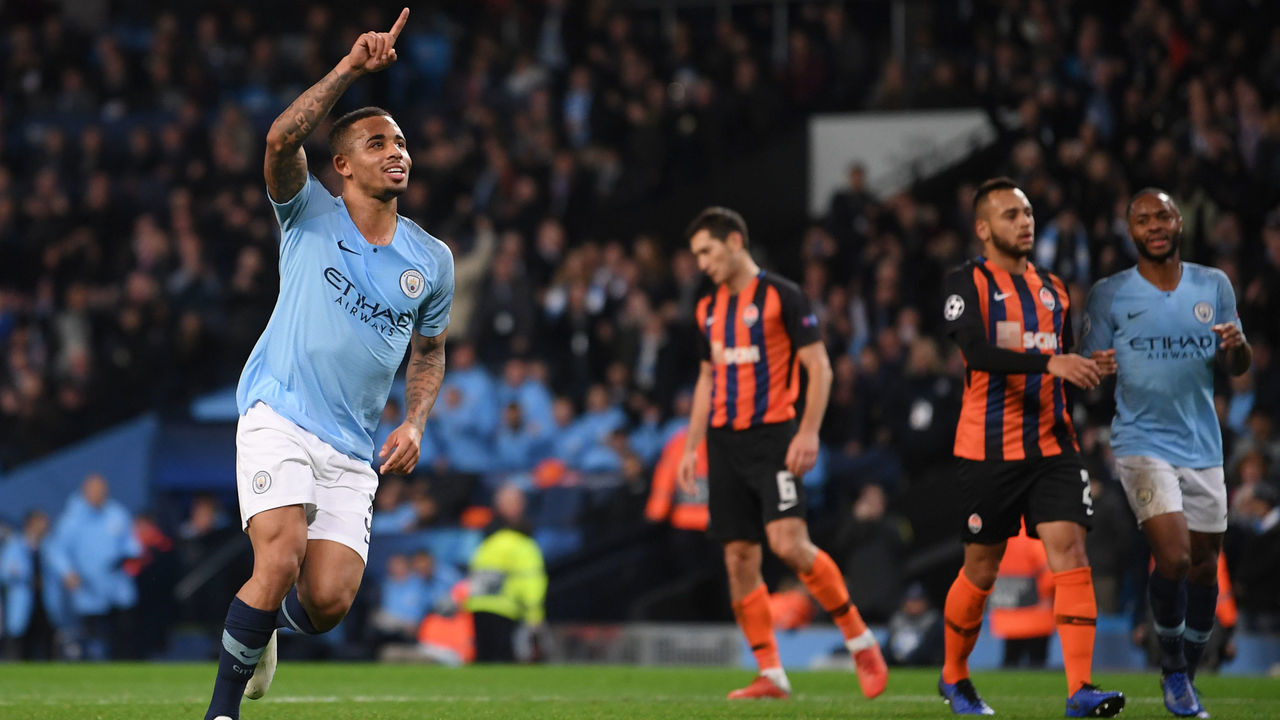 MANCHESTER, ENGLAND - NOVEMBER 07: Gabriel Jesus of Manchester City celebrates scoring his second goal from the penalty spot goal during the Group F match of the UEFA Champions League between Manchester City and FC Shakhtar Donetsk at Etihad Stadium on November 07, 2018 in Manchester, United Kingdom.