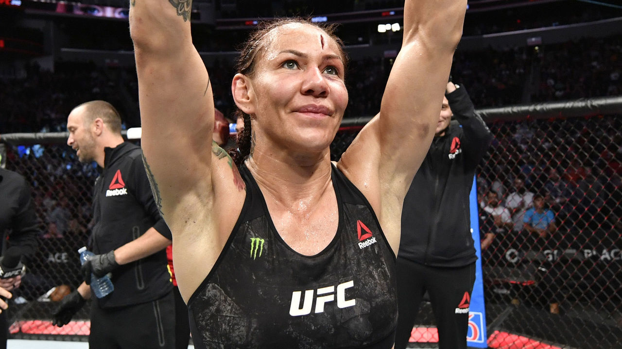 EDMONTON, ALBERTA - JULY 27: Cris Cyborg of Brazil celebrates after her victory over Felicia Spencer of Canada in their featherweight bout during the UFC 240 event at Rogers Place on July 27, 2019 in Edmonton, Alberta, Canada.