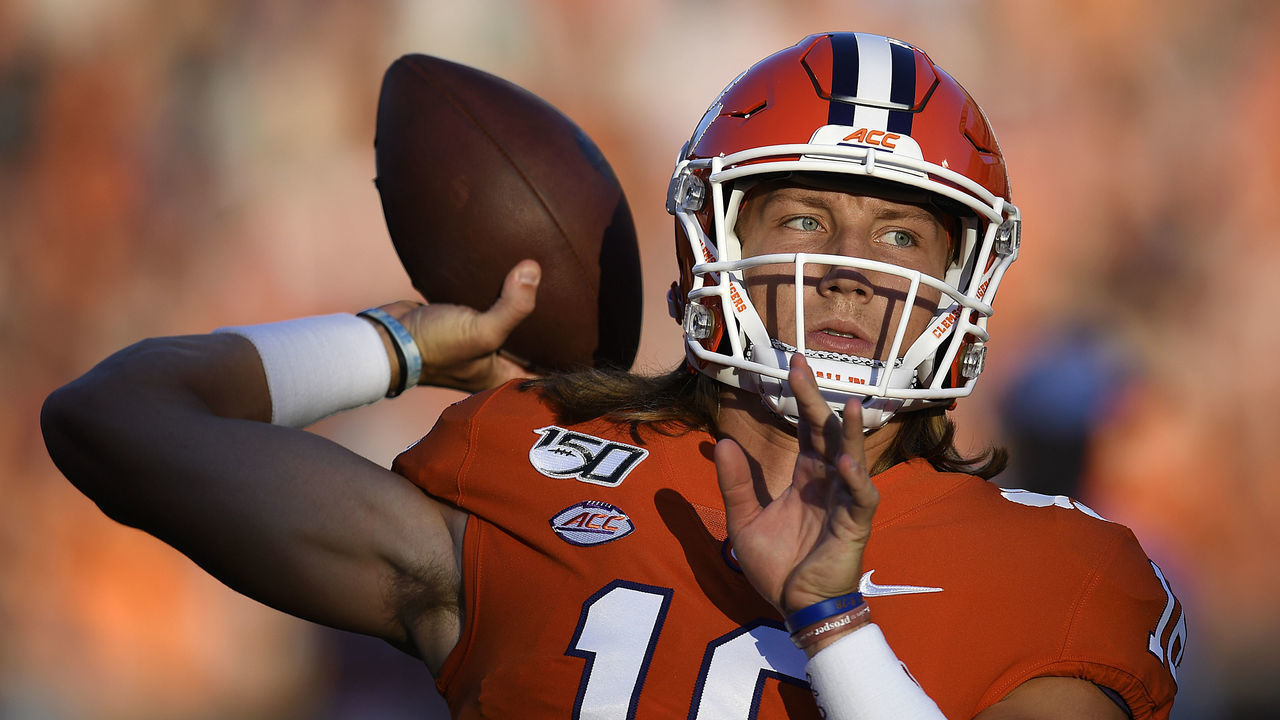 CLEMSON, SOUTH CAROLINA - AUGUST 29: Quarterback Trevor Lawrence #16 of the Clemson Tigers warms up prior to the start of the Tigers' football game against the Georgia Tech Yellow Jackets at Memorial Stadium on August 29, 2019 in Clemson, South Carolina.