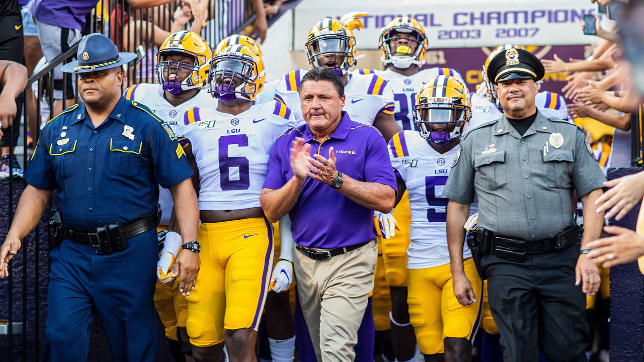 BATON ROUGE, LA - AUGUST 31: LSU Tigers players enter the stadium before a game between the Georgia Southern Eagles and the LSU Tigers on August 31, 2019, at Tiger Stadium in Baton Rouge, Louisiana.
