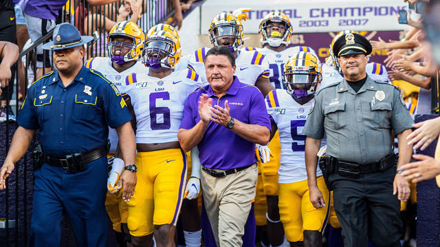 BATON ROUGE, LA - AUGUST 31: LSU Tigers players enter the stadium before a game between the Georgia Southern Eagles and the LSU Tigers on August 31, 2019, at Tiger Stadium in Baton Rouge, Louisiana.