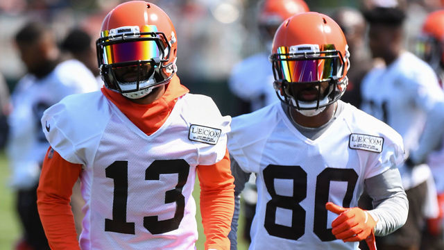 BEREA, OH - JULY 25, 2019: Wide receiver Odell Beckham Jr. #13 and Jarvis Landry of the Cleveland Browns participate in a drill during a training camp practice on July 25, 2019 at the Cleveland Browns training facility in Berea, Ohio. (Photo by: 2019 Nick Cammett/Diamond Images via Getty Images)