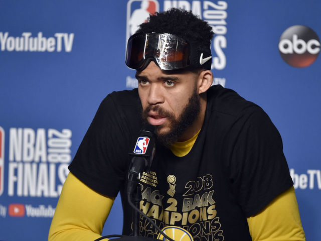 CLEVELAND,OH - JaVale McGee #1 of the Golden State Warriors speaks to the media after defeating the Cleveland Cavaliers in Game Four of the 2018 NBA Finals on June 8, 2018 at Quicken Loans Arena in Cleveland, Ohio. NOTE TO USER: User expressly acknowledges and agrees that, by downloading and/or using this photograph, user is consenting to the terms and conditions of the Getty Images License Agreement. Mandatory Copyright Notice: Copyright 2018 NBAE