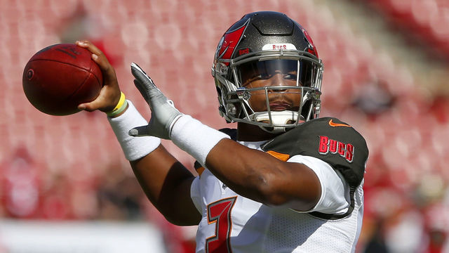 TAMPA, FL - NOV 25: Jameis Winston (3) of the Bucs warms up before the regular season game between the San Francisco 49ers and the Tampa Bay Buccaneers on November 25, 2018 at Raymond James Stadium in Tampa, Florida.