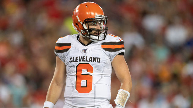 TAMPA, FL - AUGUST 23: Cleveland Browns quarterback Baker Mayfield (6) during the first half of an NFL preseason game between the Cleveland Browns and the Tampa Bay Bucs on August 23, 2019, at Raymond James Stadium in Tampa, FL.