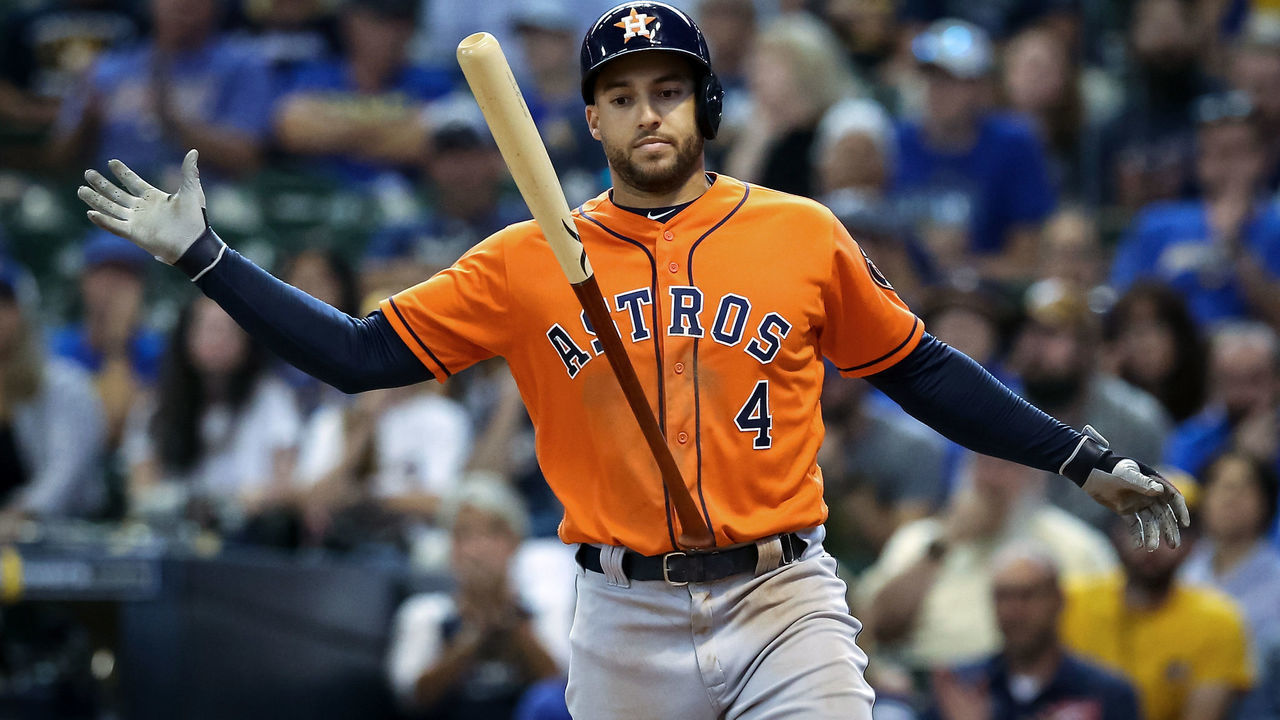 MILWAUKEE, WISCONSIN - SEPTEMBER 02: George Springer #4 of the Houston Astros reacts after striking out in the seventh inning against the Milwaukee Brewers at Miller Park on September 02, 2019 in Milwaukee, Wisconsin.