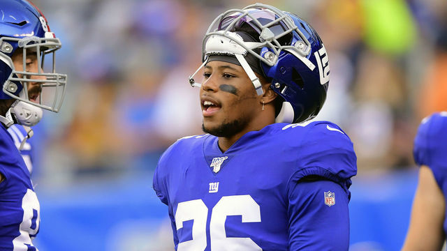 EAST RUTHERFORD, NEW JERSEY - AUGUST 16: Saquon Barkley #26 of the New York Giants warms up prior to a preseason game against the Chicago Bears at MetLife Stadium on August 16, 2019 in East Rutherford, New Jersey.