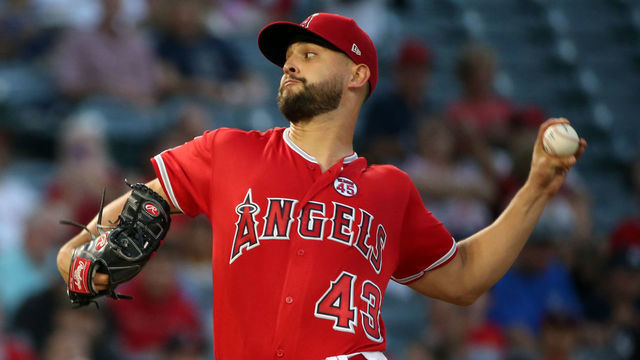 ANAHEIM, CA - AUGUST 28: Los Angeles Angels Pitcher Patrick Sandoval (43) pitches in first inning of an MLB game between the Texas Rangers and the Los Angeles Angels on August 28, 2019, at Angel Stadium of Anaheim, Anaheim, CA.