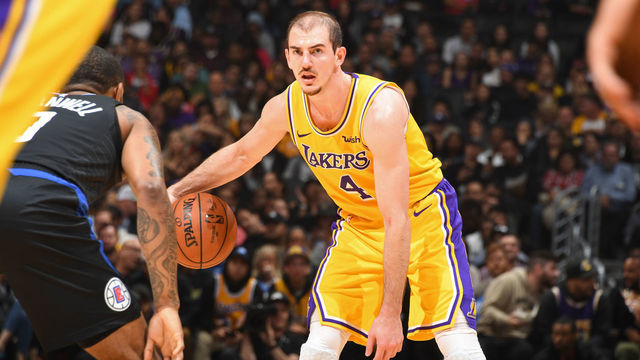 LOS ANGELES, CA - APRIL 5: Alex Caruso #4 of the Los Angeles Lakers handles the ball against the LA Clippers on April 5, 2019 at STAPLES Center in Los Angeles, California. NOTE TO USER: User expressly acknowledges and agrees that, by downloading and/or using this Photograph, user is consenting to the terms and conditions of the Getty Images License Agreement. Mandatory Copyright Notice: Copyright 2019 NBAE