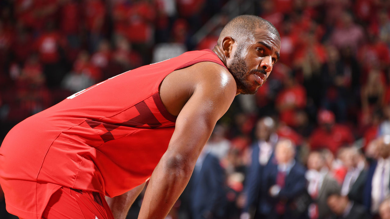 HOUSTON, TX - MAY 10: Chris Paul #3 of the Houston Rockets looks on against the Golden State Warriors during Game Six of the Western Conference Semifinals of the 2019 NBA Playoffs on May 10, 2019 at the Toyota Center in Houston, Texas. NOTE TO USER: User expressly acknowledges and agrees that, by downloading and/or using this photograph, user is consenting to the terms and conditions of the Getty Images License Agreement. Mandatory Copyright Notice: Copyright 2019 NBAE