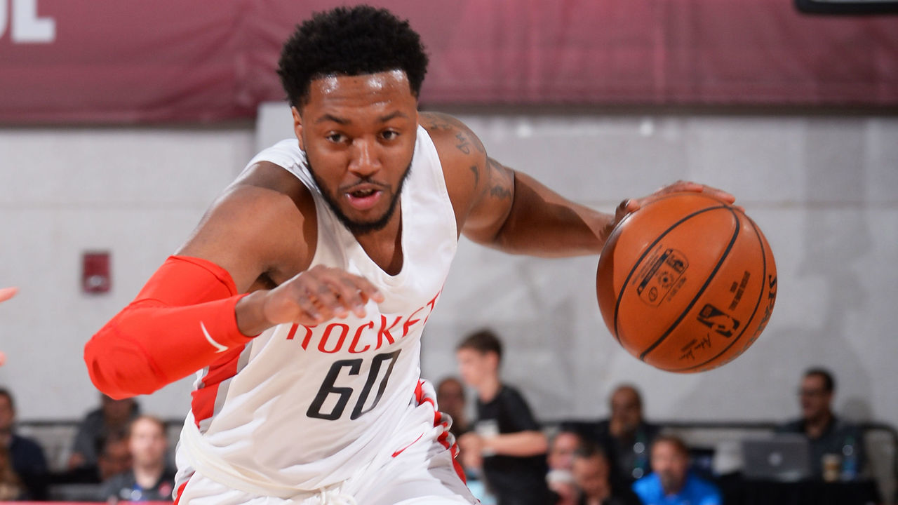 Las Vegas, NV - JULY 6: Shamorie Ponds #60 of the Houston Rockets drives to the basket during the game against the Dallas Mavericks during Day 2 of the 2019 Las Vegas Summer League on July 6, 2019 at the Cox Pavilion in Las Vegas, Nevada. Mandatory Copyright Notice: Copyright 2019 NBAE