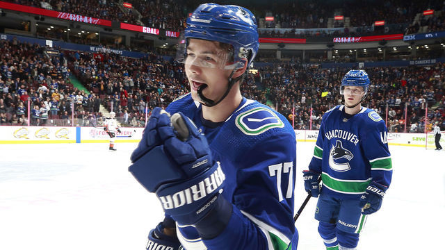 VANCOUVER, BC - FEBRUARY 25: Nikolay Goldobin #77 of the Vancouver Canucks celebrates his goal during their NHL game against the Anaheim Ducks at Rogers Arena February 25, 2019 in Vancouver, British Columbia, Canada. "n