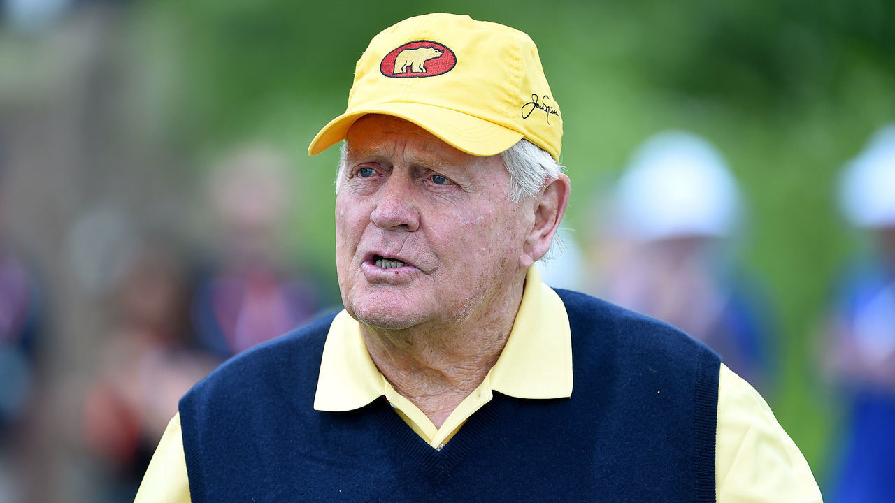 MADISON, WISCONSIN - JUNE 22: Jack Nicklaus speaks with a member of the gallery on the practice range before playing in the celebrity foursome during round two of the American Family Insurance Championship at the University Ridge Golf Course on June 22, 2019 in Madison, Wisconsin.