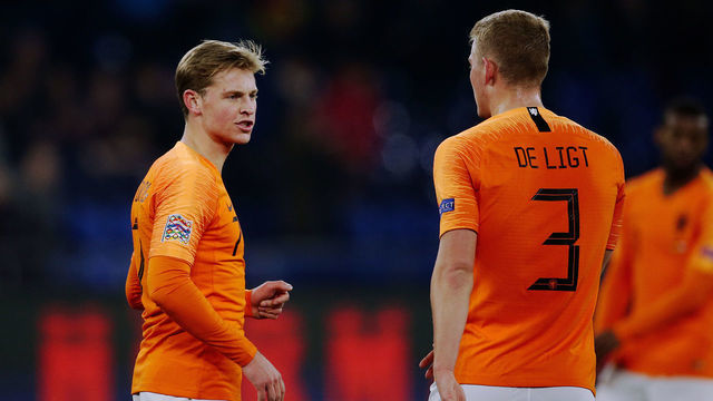 GELSENKIRCHEN, GERMANY - NOVEMBER 19: (L-R) Frenkie de Jong of Holland, Matthijs de Ligt of Holland during the UEFA Nations league match between Germany v Holland at the Veltins Arena on November 19, 2018 in Gelsenkirchen Germany