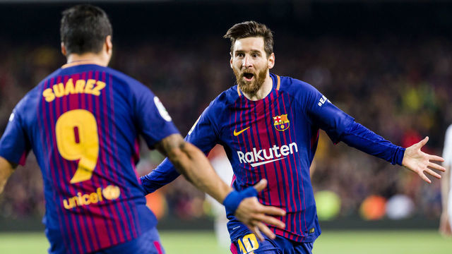 FC Barcelona forward Lionel Messi (10) celebrates scoring the goal during the match between FC Barcelona v Real Madrid, for the round 36 of the Liga Santander, played at Camp nou on 6th May 2018 in Barcelona, Spain. --