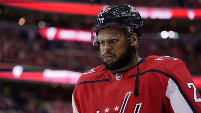 WASHINGTON, DC - APRIL 20: Devante Smith-Pelly #25 of the Washington Capitals warms up before playing against the Carolina Hurricanes in Game Five of the Eastern Conference First Round during the 2019 NHL Stanley Cup Playoffs at Capital One Arena on April 20, 2019 in Washington, DC.