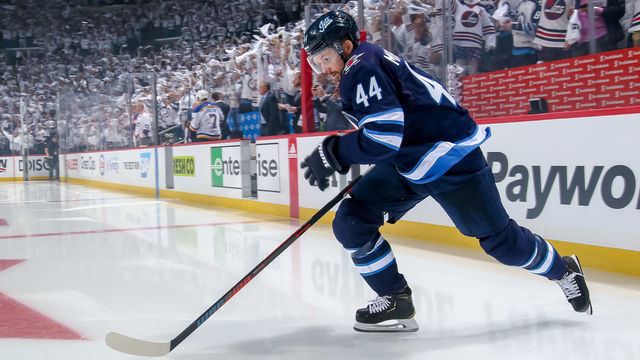 WINNIPEG, MB - APRIL 10: Josh Morrissey #44 of the Winnipeg Jets hits the ice prior to puck drop against the St. Louis Blues in Game One of the Western Conference First Round during the 2019 NHL Stanley Cup Playoffs at the Bell MTS Place on April 10, 2019 in Winnipeg, Manitoba, Canada.
