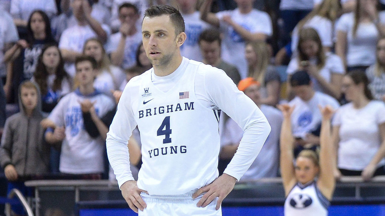 PROVO, UT - FEBRUARY 09: Brigham Young Cougars guard Nick Emery (4) and Brigham Young Cougars guard TJ Haws (30) during a game between a game between the Pacific Tigers and the BYU Cougars on February 09, 2019, at the Marriott Center in Provo, Utah.