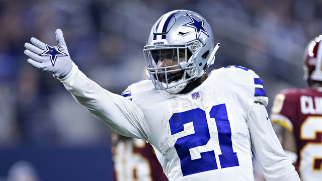 ARLINGTON, TX - NOVEMBER 22: Ezekiel Elliott #21 of the Dallas Cowboys celebrates after making a first down during a game against the Washington Redskins at AT&T Stadium on November 22, 2018 in Arlington, Texas. The Cowboys defeated the Redskins 31-23.