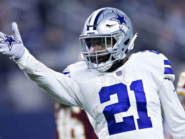 ARLINGTON, TX - NOVEMBER 22: Ezekiel Elliott #21 of the Dallas Cowboys celebrates after making a first down during a game against the Washington Redskins at AT&T Stadium on November 22, 2018 in Arlington, Texas. The Cowboys defeated the Redskins 31-23.