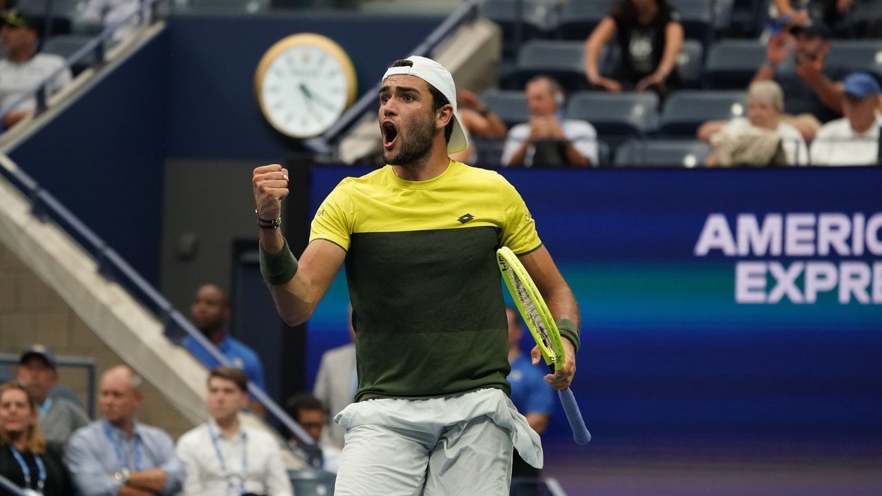 Matteo Berrettini from Italy reacts against Gael Monfils from France during their Men's Singles Quarterfinals match at the 2019 US Open at the USTA Billie Jean King National Tennis Center in New York on September 4, 2019.