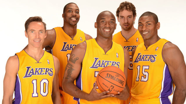 EL SEGUNDO, CA - OCTOBER 1: Steve Nash #10, Dwight Howard #12. Kobe Bryant #24, Pau Gasol #16 and Metta World Peace #15 of the Los Angeles Lakers poses for a portrait during Media Day at Toyota Sports Center on October 1, 2012 in El Segundo, California. NOTE TO USER: User expressly acknowledges and agrees that, by downloading and/or using this Photograph, user is consenting to the terms and conditions of the Getty Images License Agreement. Mandatory Copyright Notice: Copyright 2012 NBAE