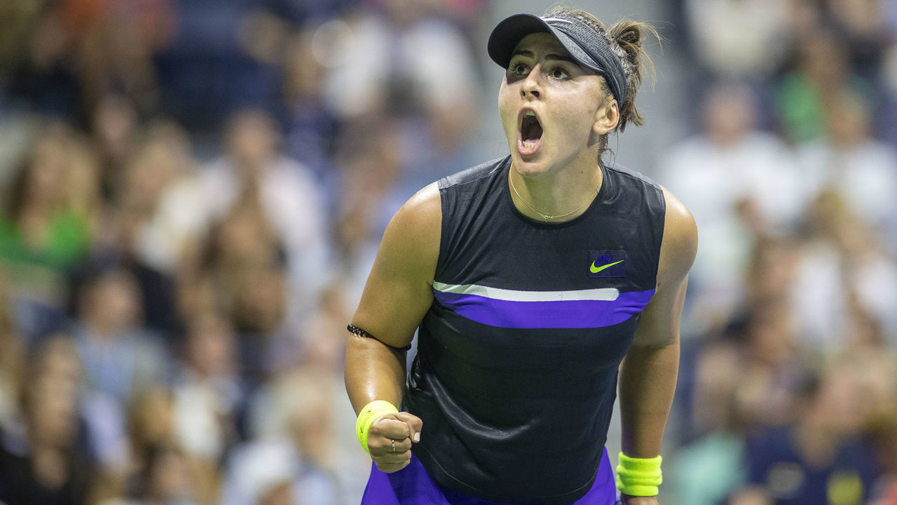 2019 US Open Tennis Tournament- Day Ten. Bianca Andreescu of Canada reacts to winning the second set against Elise Mertens of Belgium in the Women's Singles Quarter-Finals match on Arthur Ashe Stadium during the 2019 US Open Tennis Tournament at the USTA Billie Jean King National Tennis Center on September 4th, 2019 in Flushing, Queens, New York City.