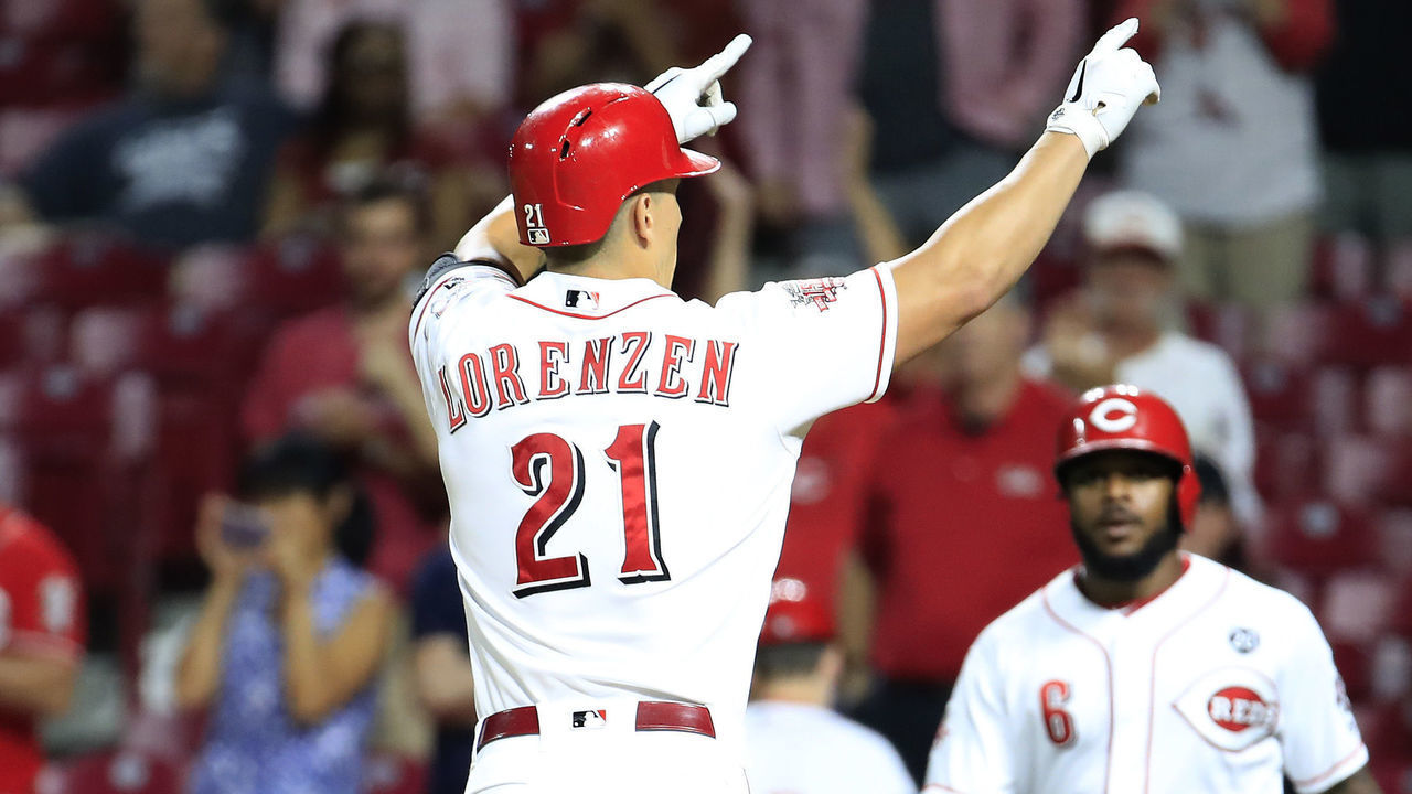 CINCINNATI, OHIO - SEPTEMBER 04: Michael Lorenzen #21 of the Cincinnati Reds celebrates after hitting a two run home run in the 8th inning against the Philadelphia Phillies at Great American Ball Park on September 04, 2019 in Cincinnati, Ohio.