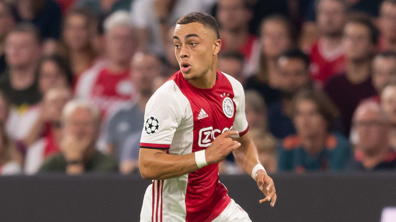 AMSTERDAM, NETHERLANDS - AUGUST 28: Sergino Dest of Ajax Amsterdam controls the ball during the UEFA Champions League Play Off match between Apoel Nicosia and Ajax at Johan Cruyff Arena on August 28, 2019 in Amsterdam, Netherlands.