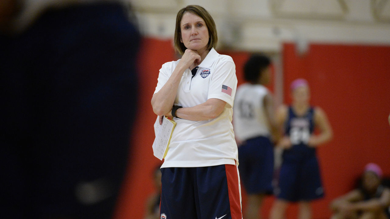 COLORADO SPRINGS, CO - May 15: University of Northern Colorado women's coach Kamie Ethridge watches her team during a scrimmage Friday, May 15, 2015 at the U.S. Olympic Training Center in Colorado Springs, Colorado. The best of women's college basketball players ascended on the campus for the tryouts for the U.S. Pan American women's team.