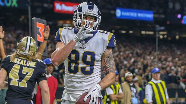 NEW ORLEANS, LA - JANUARY 20: Los Angeles Rams tight end Tyler Higbee (89) gives the New Orleans Saints fans the silent sign during the NFC Championship Football game between the Los Angeles Rams and the New Orleans Saints on January 20, 2019 at the Mercedes-Benz Superdome in New Orleans, LA.