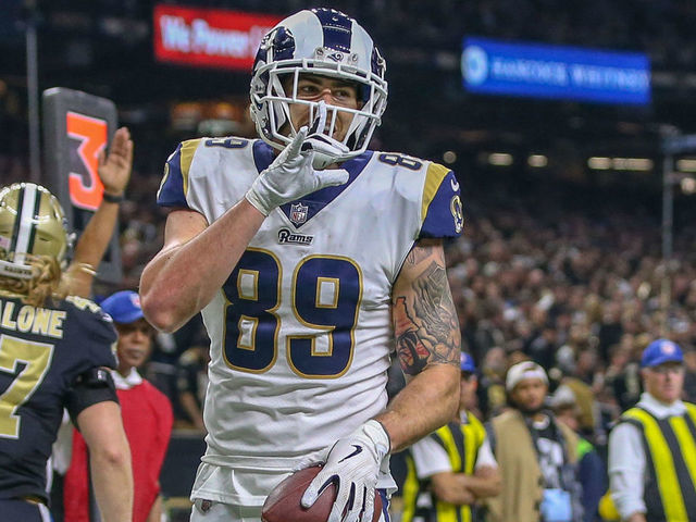 NEW ORLEANS, LA - JANUARY 20: Los Angeles Rams tight end Tyler Higbee (89) gives the New Orleans Saints fans the silent sign during the NFC Championship Football game between the Los Angeles Rams and the New Orleans Saints on January 20, 2019 at the Mercedes-Benz Superdome in New Orleans, LA.