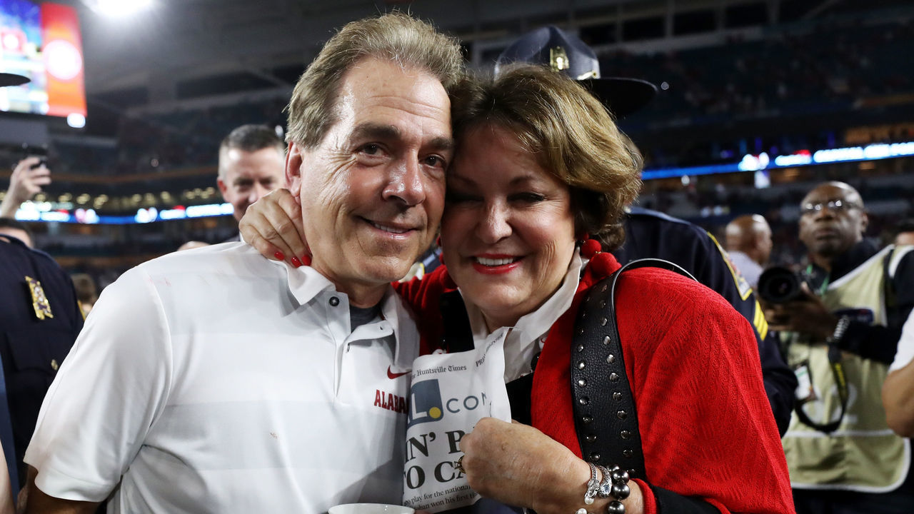 MIAMI, FL - DECEMBER 29: Head coach Nick Saban of the Alabama Crimson Tide celebrates with his wife after the win over the Oklahoma Sooners during the College Football Playoff Semifinal at the Capital One Orange Bowl at Hard Rock Stadium on December 29, 2018 in Miami, Florida.