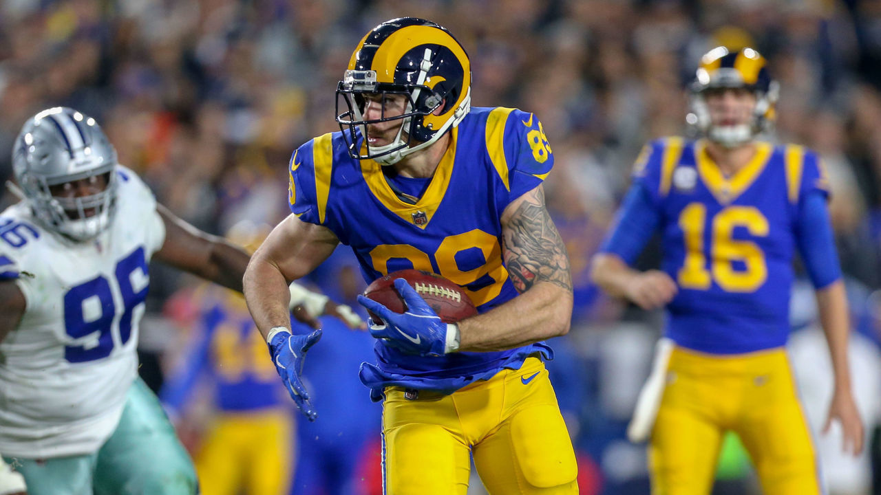 LOS ANGELES, CA - JANUARY 12: Los Angeles Rams tight end Tyler Higbee (89) catches the ball for a gain during the NFC Divisional Football game between the Dallas Cowboys and the Los Angeles Rams on January 12, 2019 at the Los Angeles Memorial Coliseum in Los Angeles, CA.