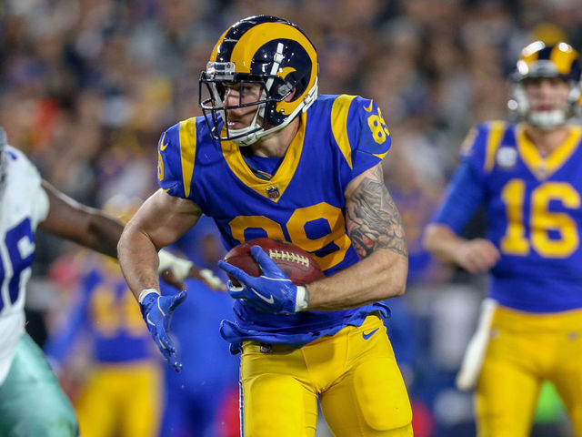 LOS ANGELES, CA - JANUARY 12: Los Angeles Rams tight end Tyler Higbee (89) catches the ball for a gain during the NFC Divisional Football game between the Dallas Cowboys and the Los Angeles Rams on January 12, 2019 at the Los Angeles Memorial Coliseum in Los Angeles, CA.