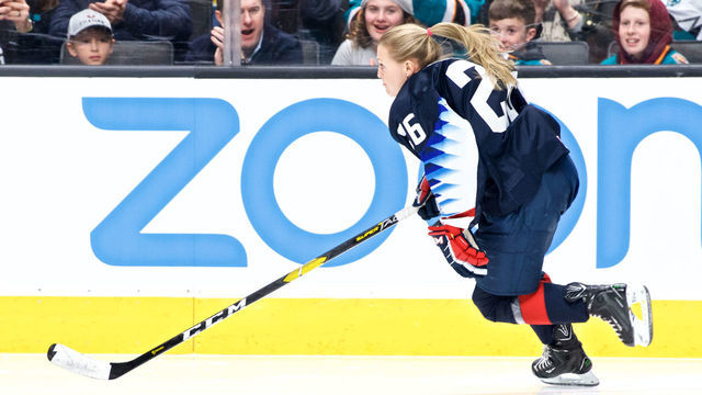 SAN JOSE, CA - JANUARY 25: Kendall Coyne Schofield (26) of the United States Women's National Team in the NHL Fastest Skater at the NHL All-Star Skills Competition on January 25, 2019, at SAP Center in San Jose, CA