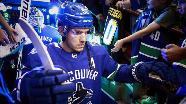 VANCOUVER, BC - APRIL 2: Bo Horvat #53 of the Vancouver Canucks walks out to the ice during their NHL game against the San Jose Sharks at Rogers Arena April 2, 2019 in Vancouver, British Columbia, Canada. "n