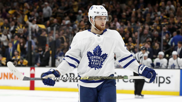 BOSTON, MA - APRIL 19: Toronto Maple Leafs right wing William Nylander (29) skates out for a shift during Game 5 of the First Round Stanley Cup Playoffs between the Boston Bruins and the Toronto Maple Leafs on April 19, 2019, at TD garden in Boston, Massachusetts.