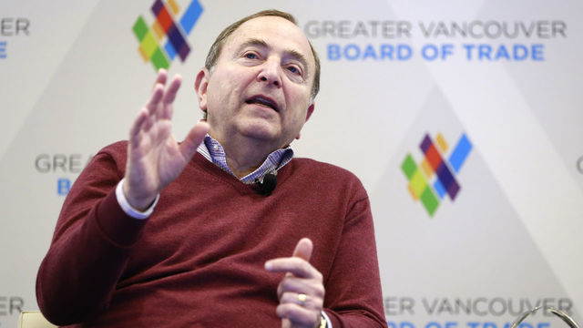 VANCOUVER, BRITISH COLUMBIA - JUNE 21: NHL commissioner Gary Bettman speaks at the NHL Hot Stove at the Marriott Parq hotel on June 21, 2019 in Vancouver, Canada.