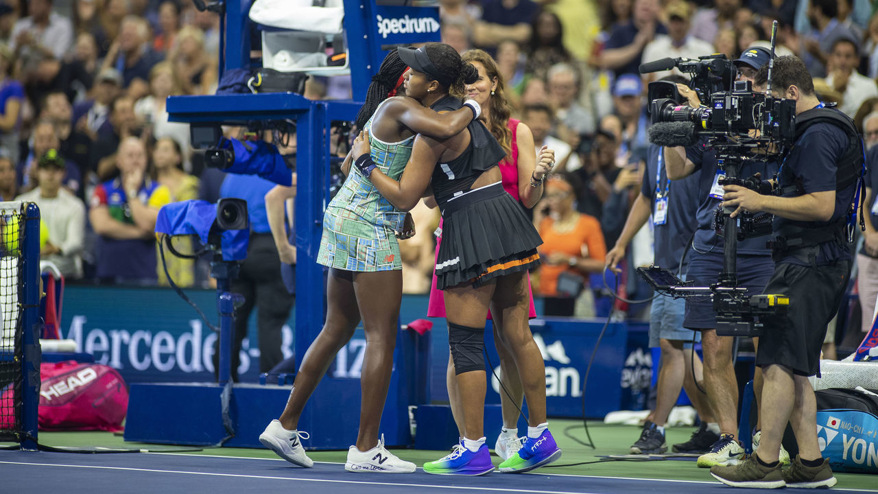 2019 US Open Tennis Tournament- Day Six. Winner Naomi Osaka of Japan and Coco Gauff of the United States embrace after the on court interview after the Women's Singles round three match on Arthur Ashe Stadium during the 2019 US Open Tennis Tournament at the USTA Billie Jean King National Tennis Center on August 31st, 2019 in Flushing, Queens, New York City.