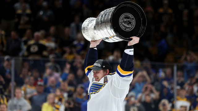 BOSTON, MASSACHUSETTS - JUNE 12: Vladimir Tarasenko #91 of the St. Louis Blues hoists the cup after defeating the Boston Bruins 4-1 to win Game Seven of the 2019 NHL Stanley Cup Final at TD Garden on June 12, 2019 in Boston, Massachusetts.
