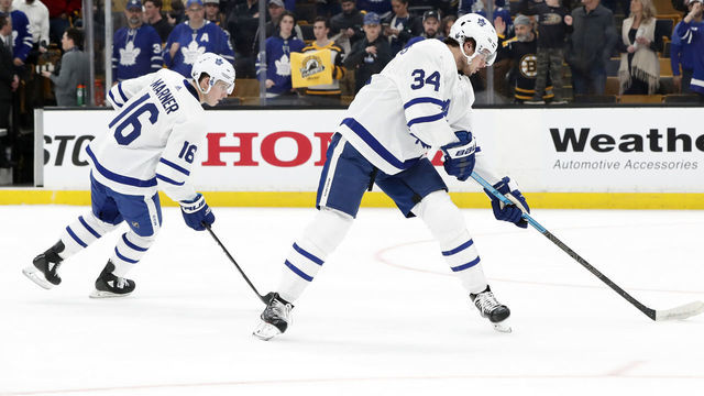 BOSTON, MA - APRIL 11: Toronto Maple Leafs center Auston Matthews (34) and Toronto Maple Leafs right wing Mitchell Marner (16) runs a passing drill before Game 1 of the First Round between the Boston Bruins and the Toronto Maple Leafs on April 11, 2019, at TD Garden in Boston, Massachusetts.
