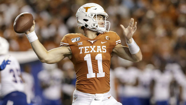 AUSTIN, TX - AUGUST 31: Sam Ehlinger #11 of the Texas Longhorns looks to pass in the third quarter against the Louisiana Tech Bulldogs at Darrell K Royal-Texas Memorial Stadium on August 31, 2019 in Austin, Texas.