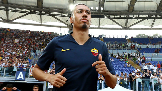 Chris Smalling of Roma taking the field before the Serie A match AS Roma v SS Lazio at the Olimpico Stadium in Rome, Italy on September 1, 2019