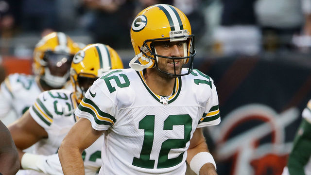 CHICAGO, ILLINOIS - SEPTEMBER 05: Aaron Rodgers #12 of the Green Bay Packers warms up before the game against the Chicago Bears at Soldier Field on September 05, 2019 in Chicago, Illinois.