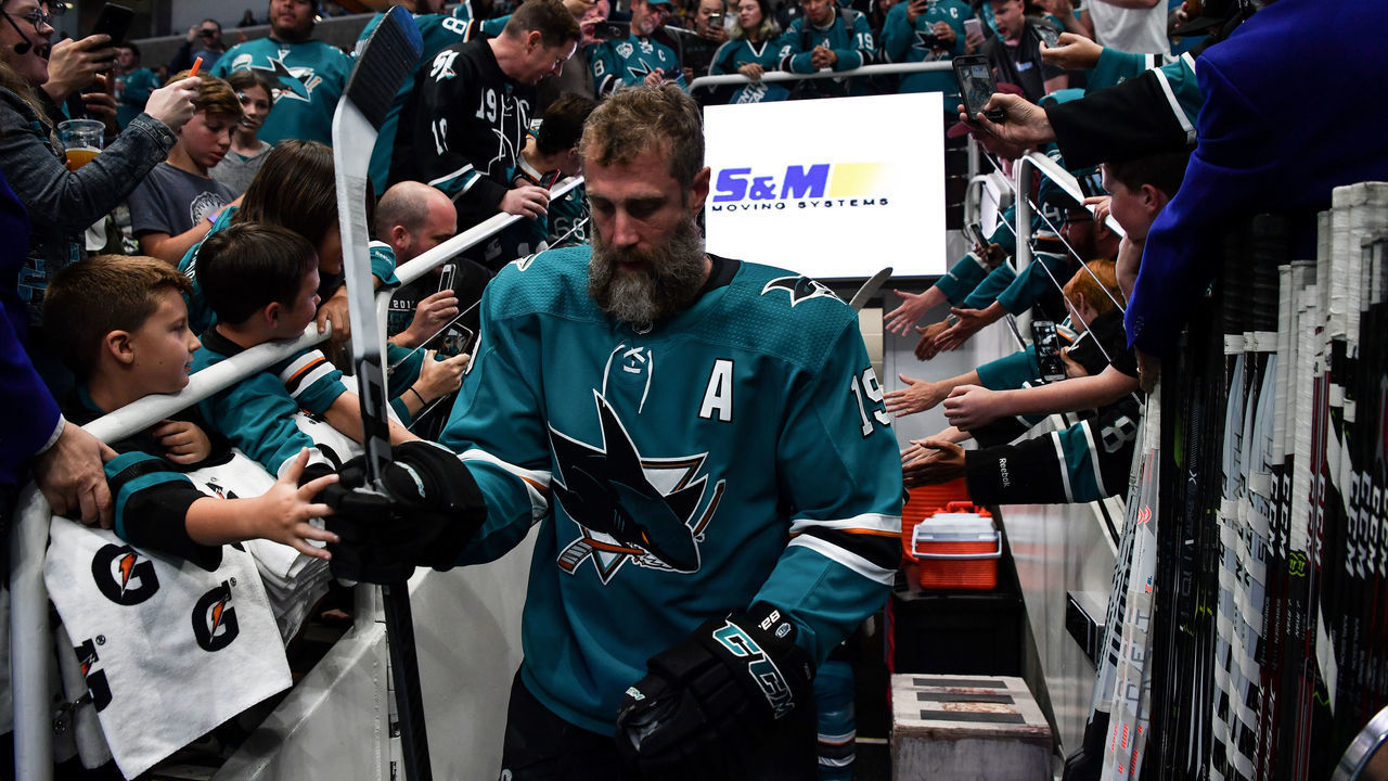 SAN JOSE, CA - MAY 13: Joe Thornton #19 of the San Jose Sharks takes the ice for warmups against the St. Louis Blues in Game Two of the Western Conference Final during the 2019 NHL Stanley Cup Playoffs at SAP Center on May 13, 2019 in San Jose, California