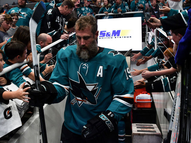 SAN JOSE, CA - MAY 13: Joe Thornton #19 of the San Jose Sharks takes the ice for warmups against the St. Louis Blues in Game Two of the Western Conference Final during the 2019 NHL Stanley Cup Playoffs at SAP Center on May 13, 2019 in San Jose, California