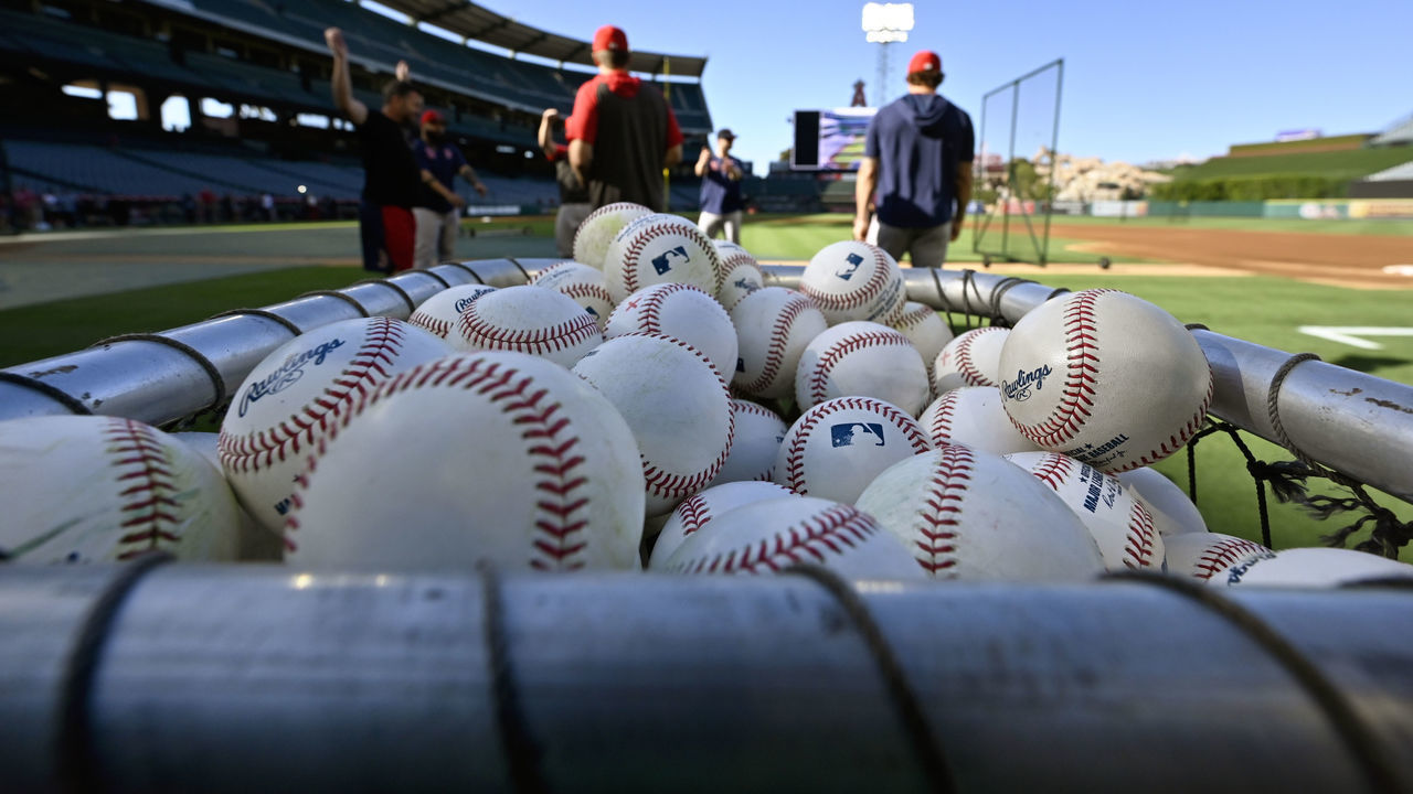 ANAHEIM, CA - AUGUST 30: Baseballs await batting practice before a game between the Chicago White Sox and Los Angeles Angels at Angel Stadium of Anaheim on August 30, 2019 in Anaheim, California.