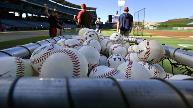 ANAHEIM, CA - AUGUST 30: Baseballs await batting practice before a game between the Chicago White Sox and Los Angeles Angels at Angel Stadium of Anaheim on August 30, 2019 in Anaheim, California.