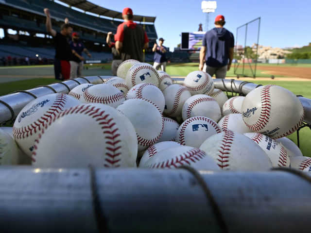 ANAHEIM, CA - AUGUST 30: Baseballs await batting practice before a game between the Chicago White Sox and Los Angeles Angels at Angel Stadium of Anaheim on August 30, 2019 in Anaheim, California.